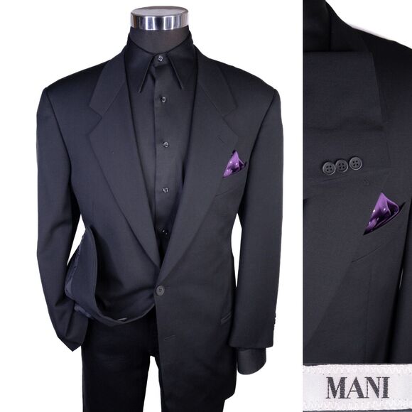 MANI Vintage Sport Coat Men Size 44R/S Solid Black 2 Button Wool Blazer - Picture 1 of 15